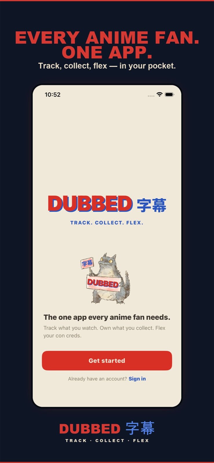 The Dubbed anime-tracking app and its mascot on the welcome screen